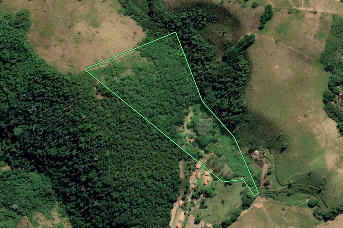 Imagem de satélite do imóvel rural em Rio Claro (RJ), com o contorno declarado no CAR desenhado por cima.