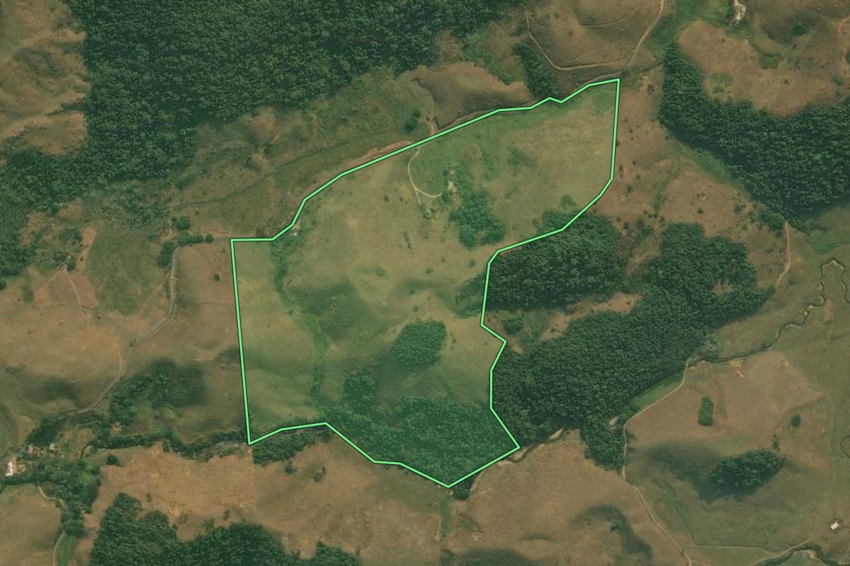 Imagem de satélite do imóvel rural em Rio Claro (RJ), com o contorno declarado no CAR desenhado por cima.