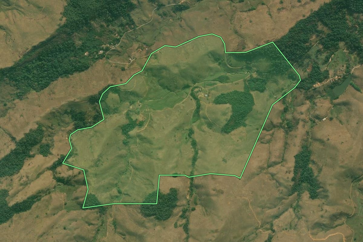 Imagem de satélite do imóvel rural em Rio Claro (RJ), com o contorno declarado no CAR desenhado por cima.