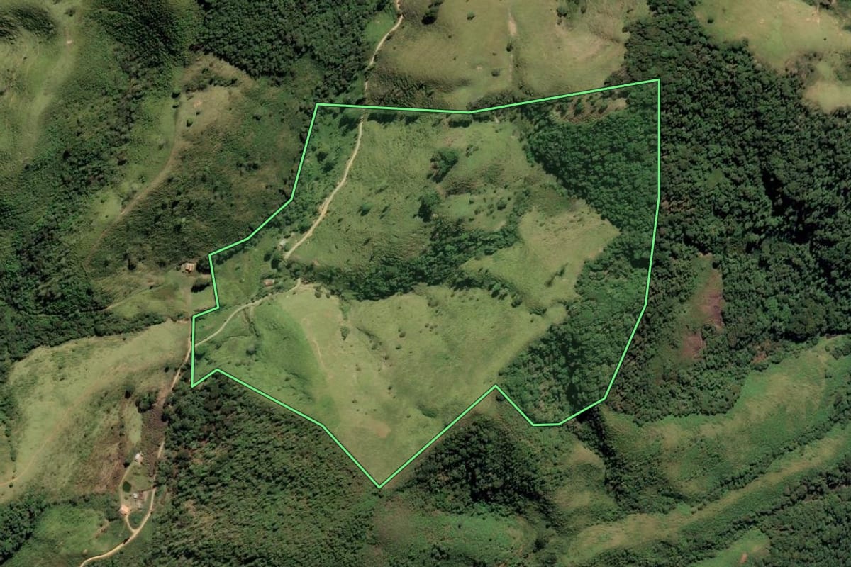 Imagem de satélite do imóvel rural em Rio Claro (RJ), com o contorno declarado no CAR desenhado por cima.