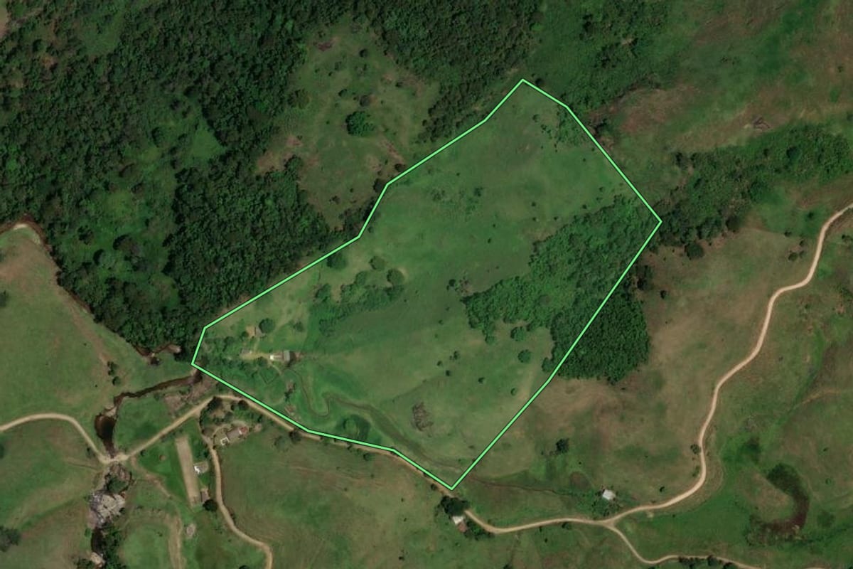 Imagem de satélite do imóvel rural em Rio Claro (RJ), com o contorno declarado no CAR desenhado por cima.