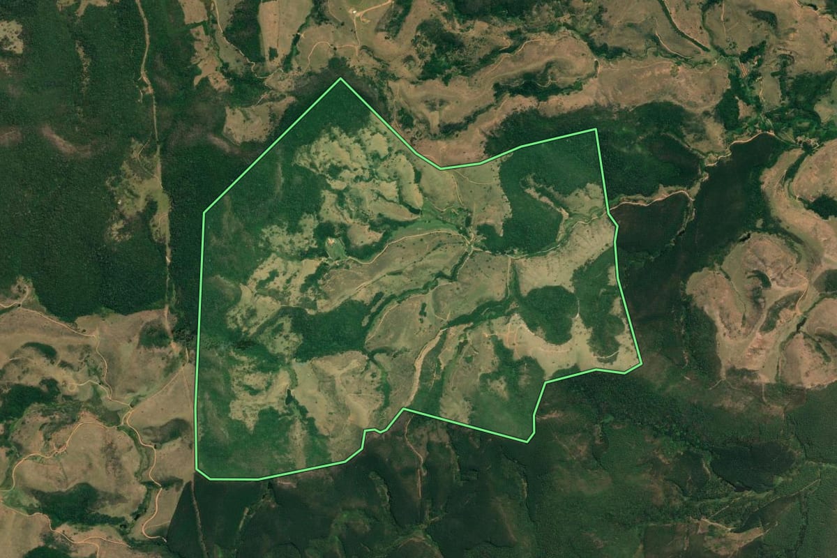 Imagem de satélite do imóvel rural em Rio das Flores (RJ), com o contorno declarado no CAR desenhado por cima.