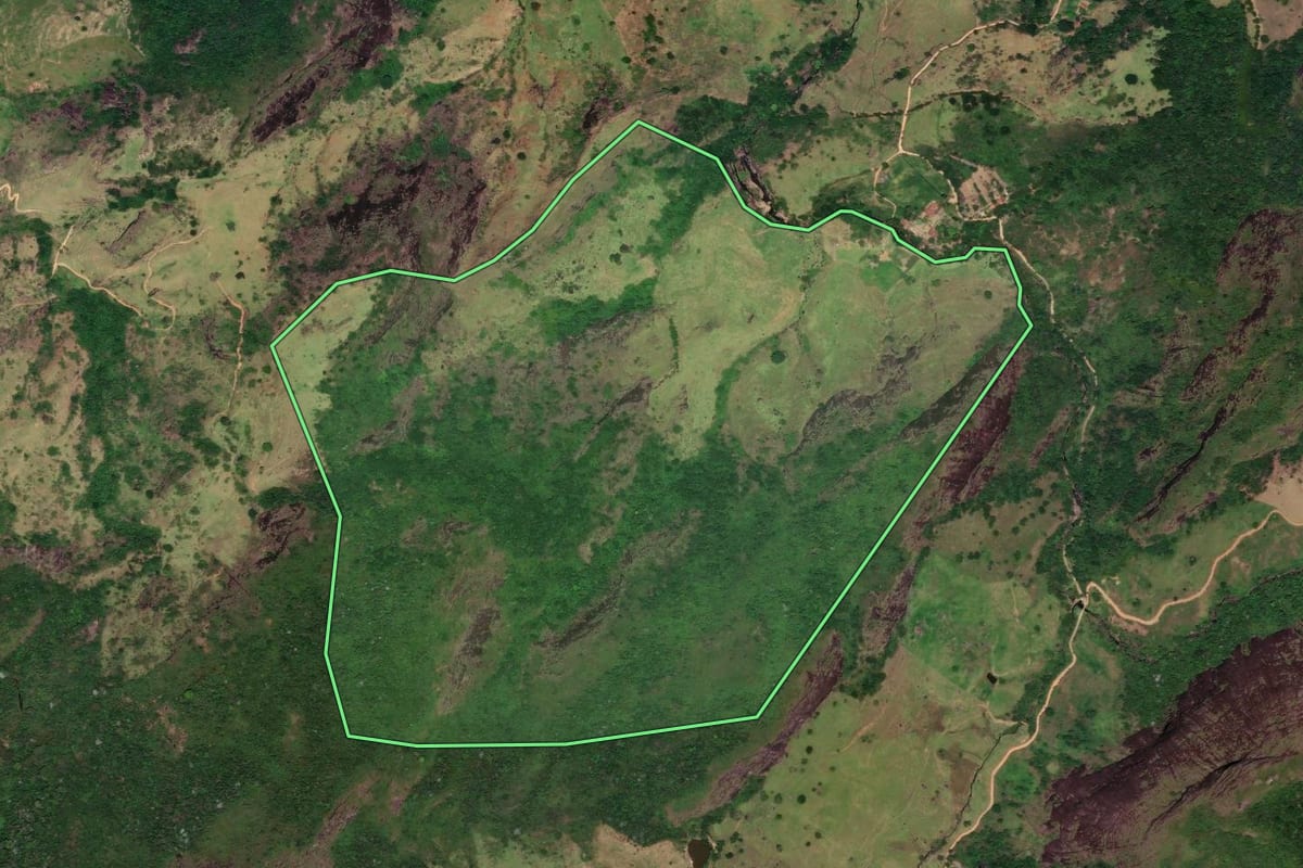 Imagem de satélite do imóvel rural em Santa Maria Madalena (RJ), com o contorno declarado no CAR desenhado por cima.