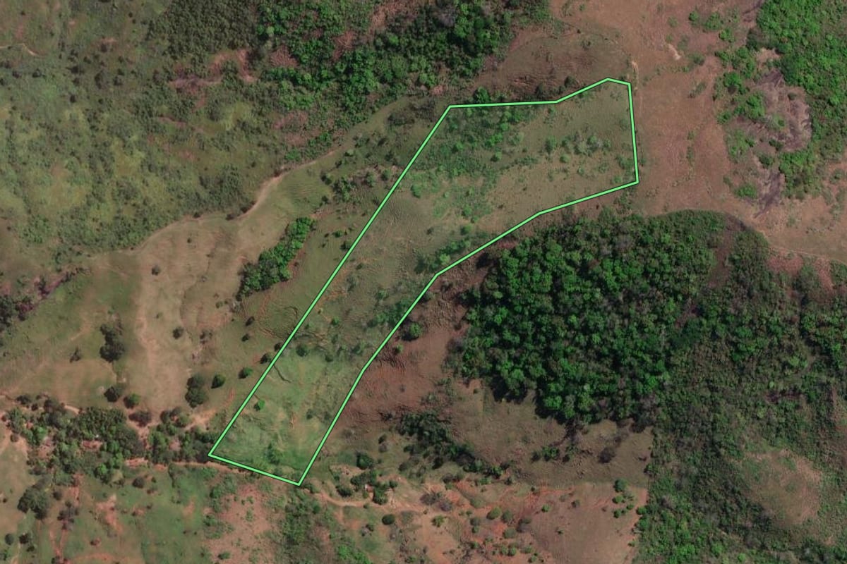 Imagem de satélite do imóvel rural em Santa Maria Madalena (RJ), com o contorno declarado no CAR desenhado por cima.