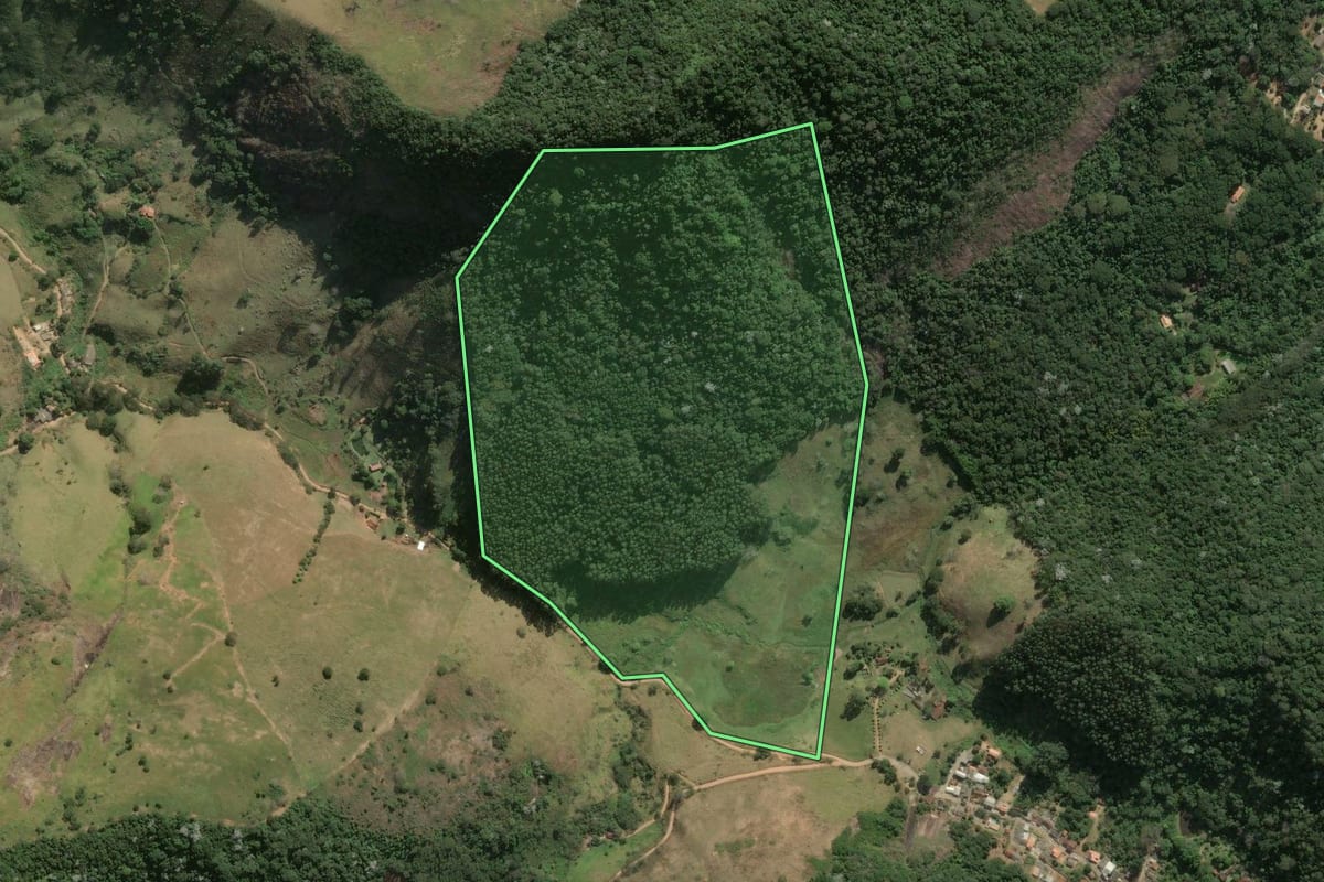 Imagem de satélite do imóvel rural em Santa Maria Madalena (RJ), com o contorno declarado no CAR desenhado por cima.
