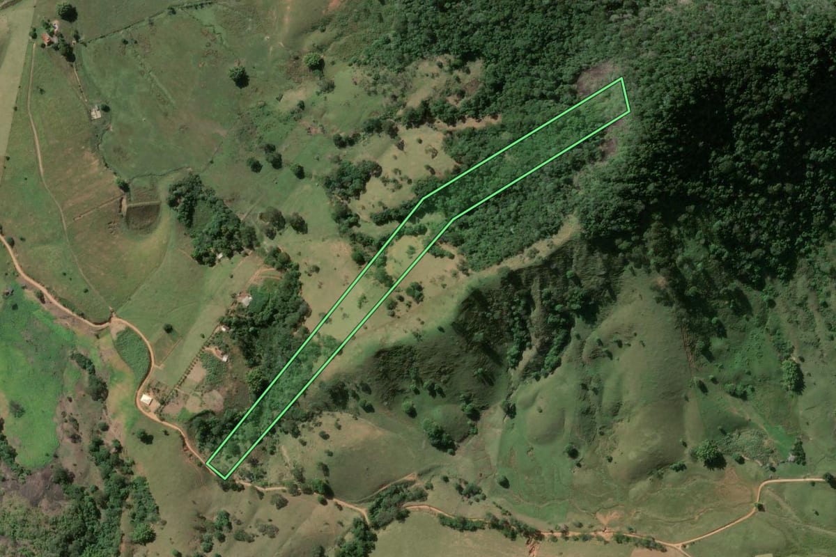 Imagem de satélite do imóvel rural em Santa Maria Madalena (RJ), com o contorno declarado no CAR desenhado por cima.
