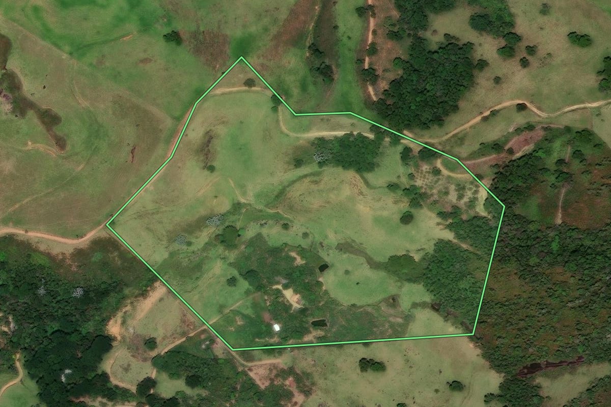 Imagem de satélite do imóvel rural em Santa Maria Madalena (RJ), com o contorno declarado no CAR desenhado por cima.