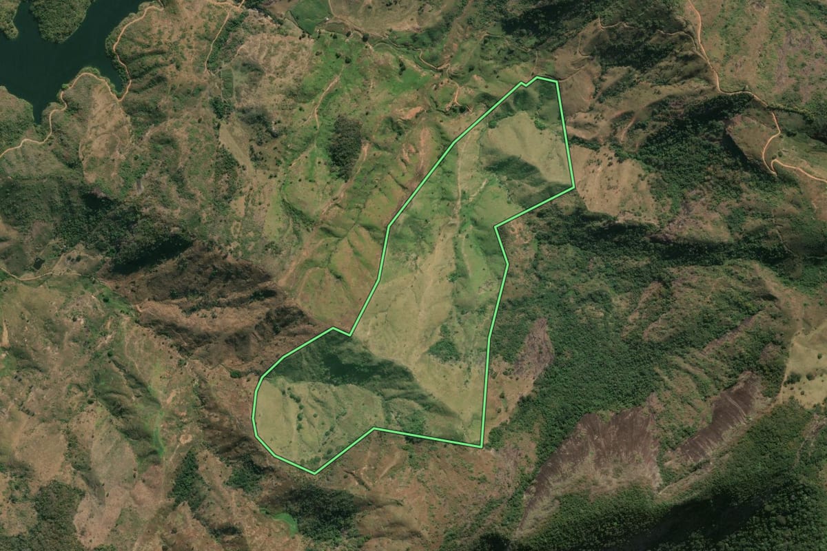 Imagem de satélite do imóvel rural em Santa Maria Madalena (RJ), com o contorno declarado no CAR desenhado por cima.