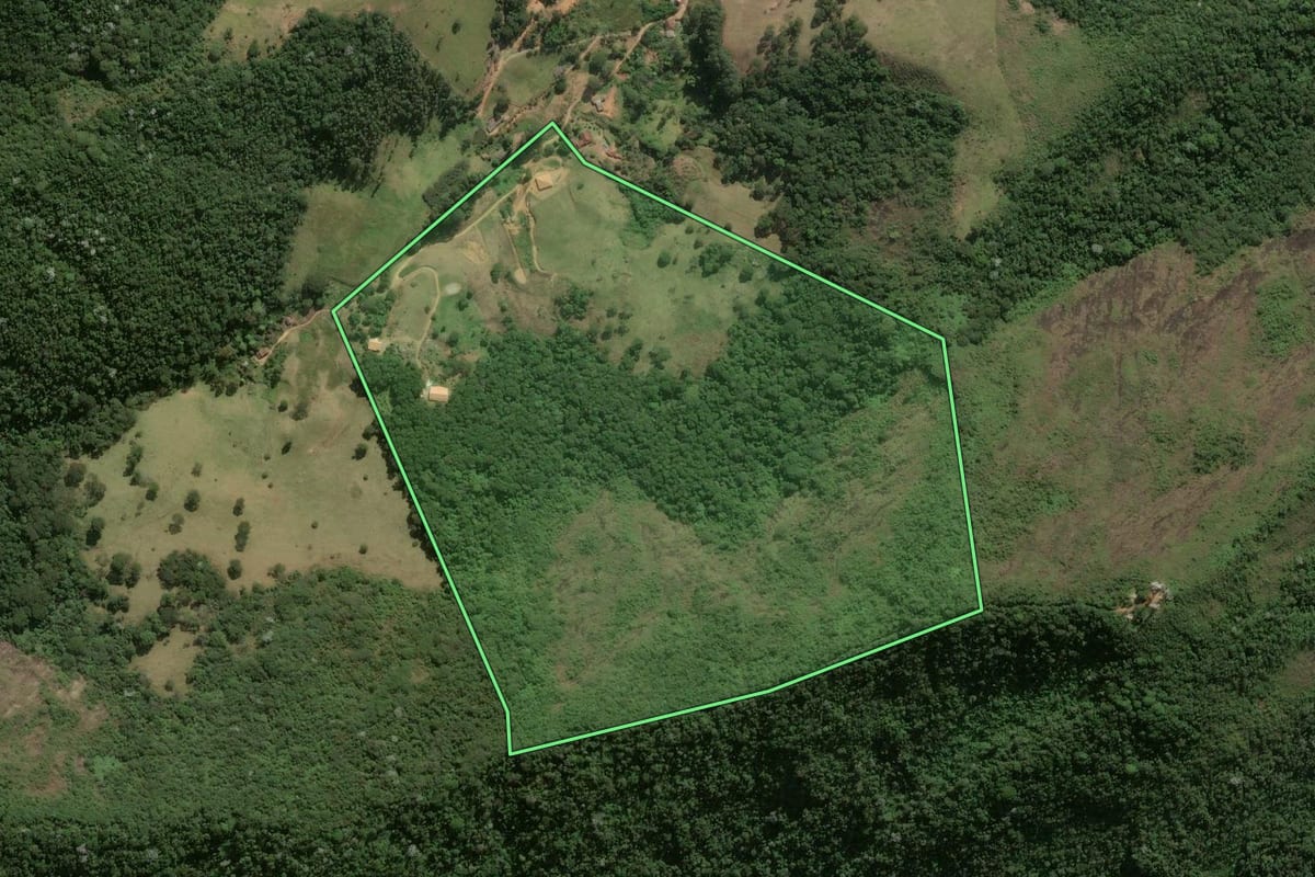 Imagem de satélite do imóvel rural em Santa Maria Madalena (RJ), com o contorno declarado no CAR desenhado por cima.