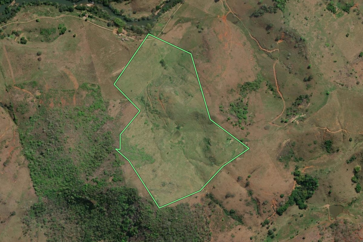 Imagem de satélite do imóvel rural em Santo Antônio de Pádua (RJ), com o contorno declarado no CAR desenhado por cima.