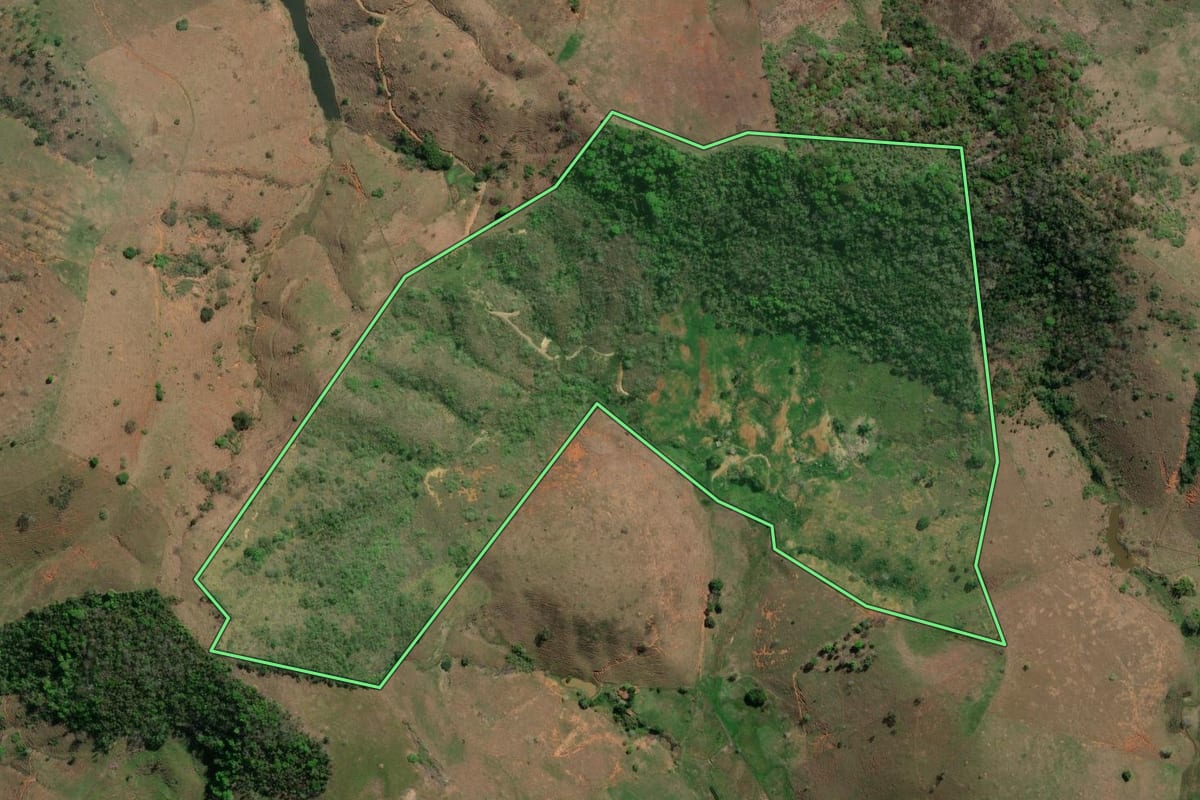 Imagem de satélite do imóvel rural em Santo Antônio de Pádua (RJ), com o contorno declarado no CAR desenhado por cima.
