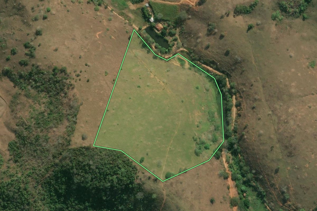 Imagem de satélite do imóvel rural em Santo Antônio de Pádua (RJ), com o contorno declarado no CAR desenhado por cima.