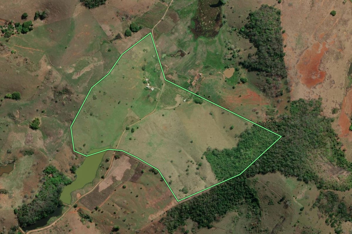 Imagem de satélite do imóvel rural em Santo Antônio de Pádua (RJ), com o contorno declarado no CAR desenhado por cima.