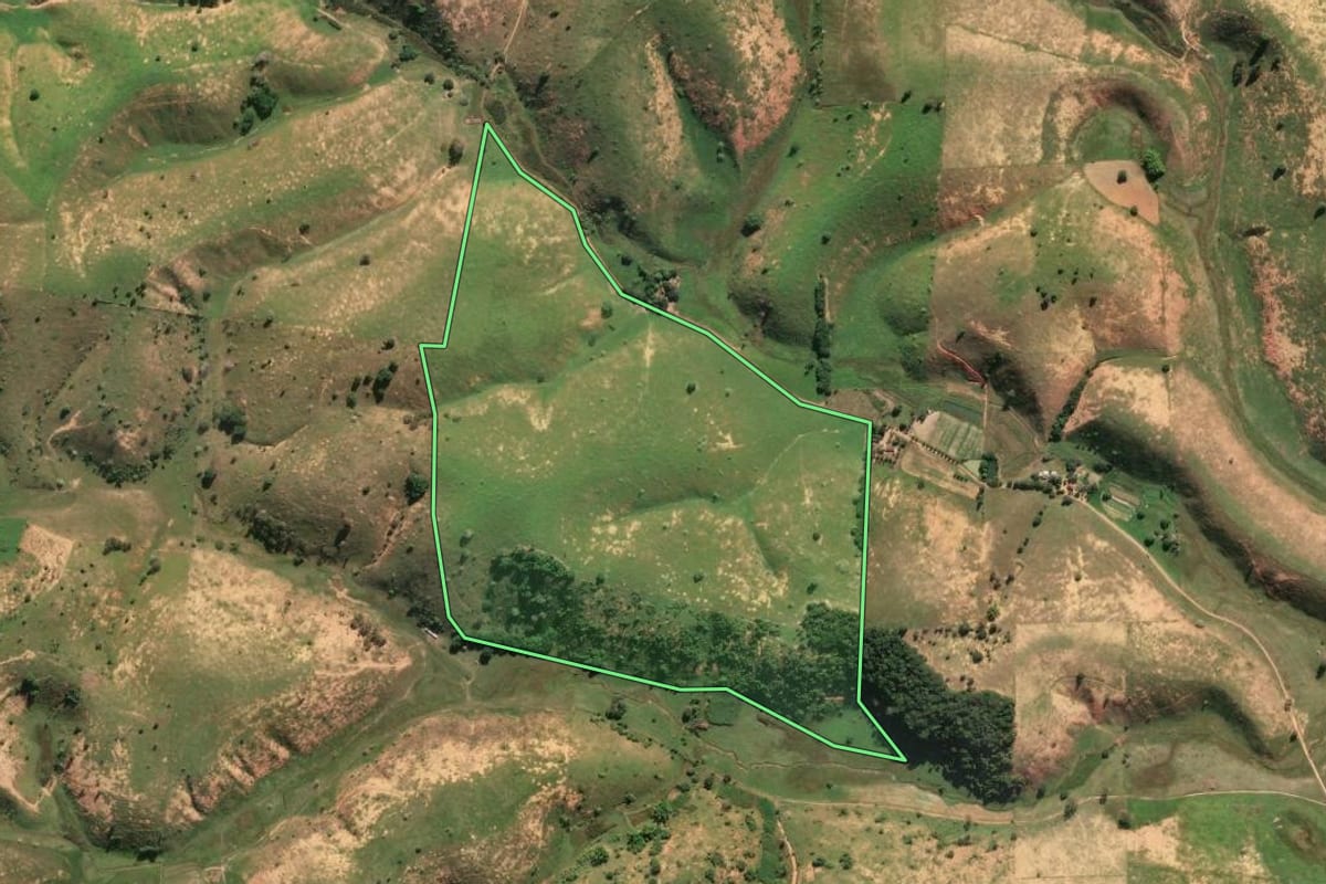 Imagem de satélite do imóvel rural em São Francisco de Itabapoana (RJ), com o contorno declarado no CAR desenhado por cima.