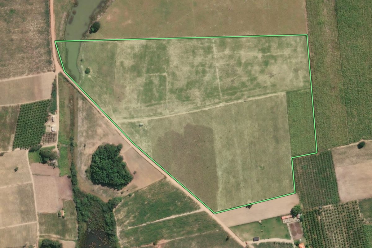 Imagem de satélite do imóvel rural em São Francisco de Itabapoana (RJ), com o contorno declarado no CAR desenhado por cima.