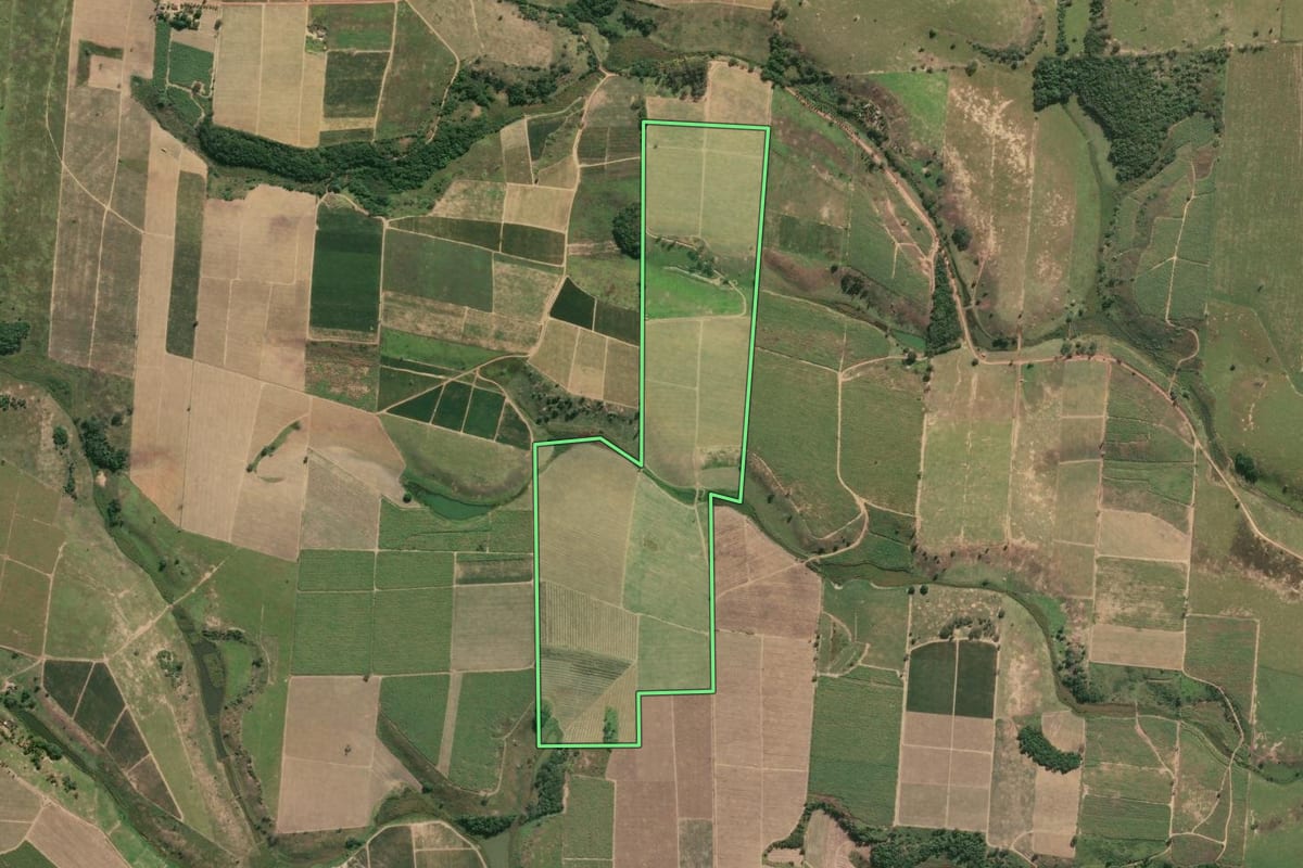 Imagem de satélite do imóvel rural em São Francisco de Itabapoana (RJ), com o contorno declarado no CAR desenhado por cima.