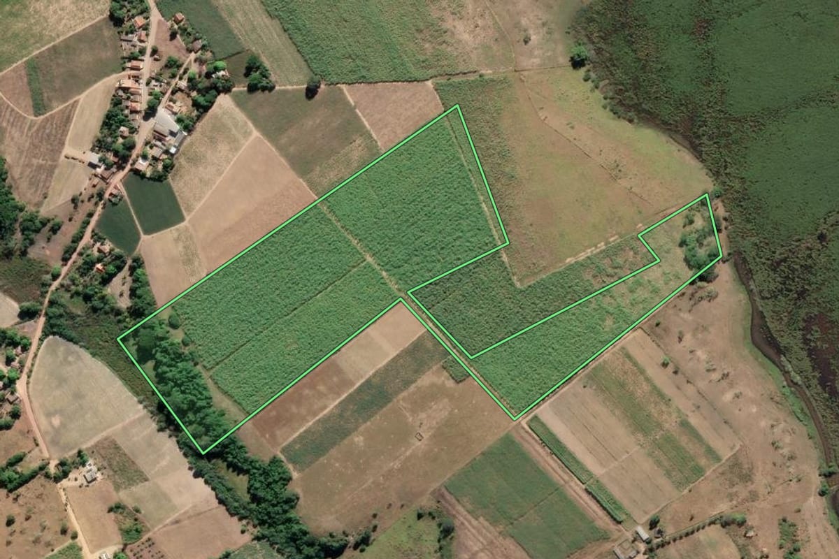 Imagem de satélite do imóvel rural em São Francisco de Itabapoana (RJ), com o contorno declarado no CAR desenhado por cima.