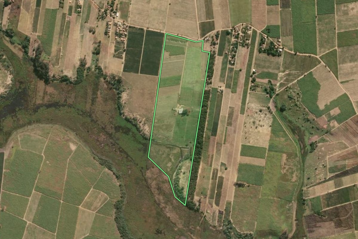Imagem de satélite do imóvel rural em São Francisco de Itabapoana (RJ), com o contorno declarado no CAR desenhado por cima.