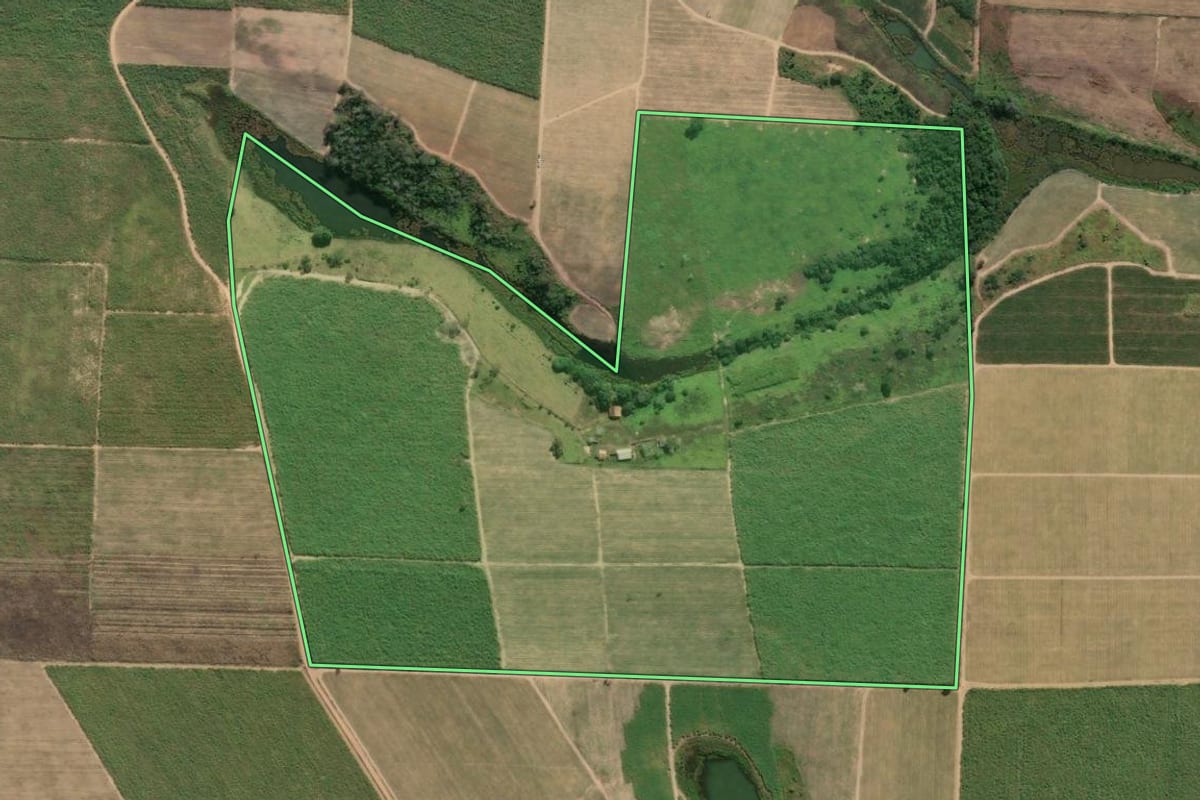Imagem de satélite do imóvel rural em São Francisco de Itabapoana (RJ), com o contorno declarado no CAR desenhado por cima.