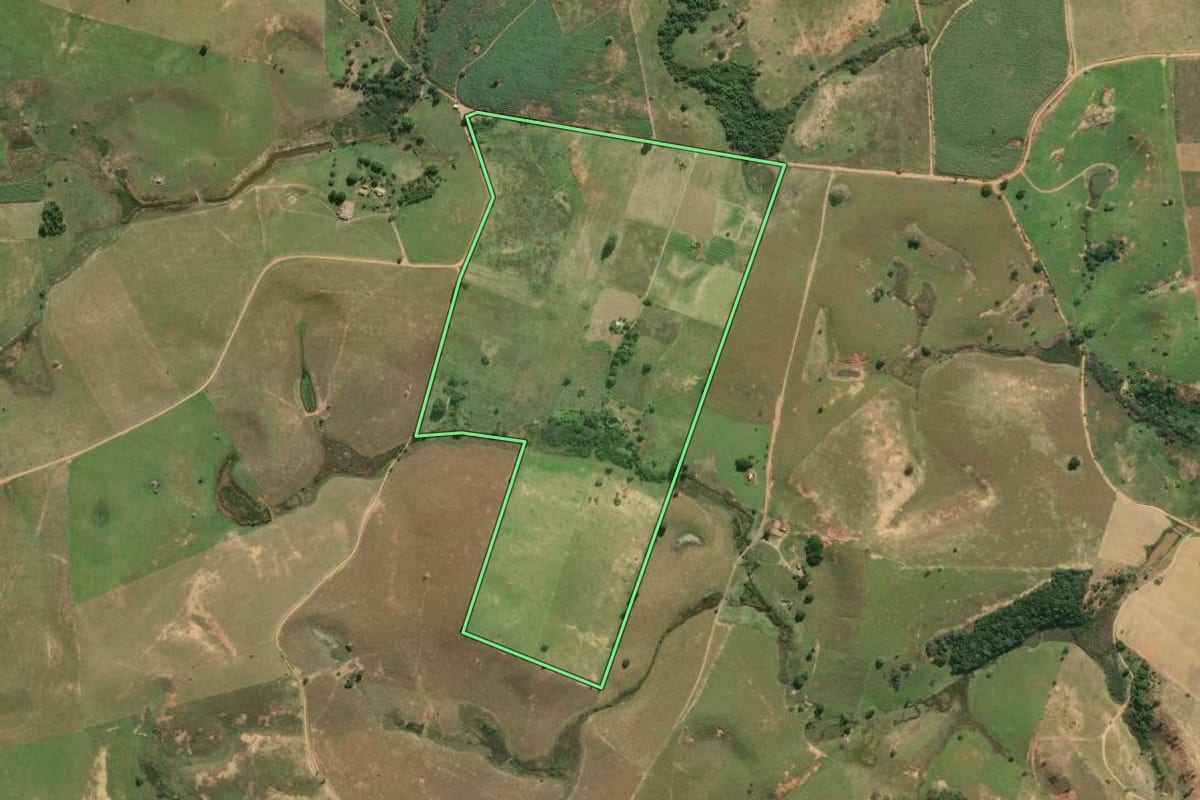 Imagem de satélite do imóvel rural em São Francisco de Itabapoana (RJ), com o contorno declarado no CAR desenhado por cima.