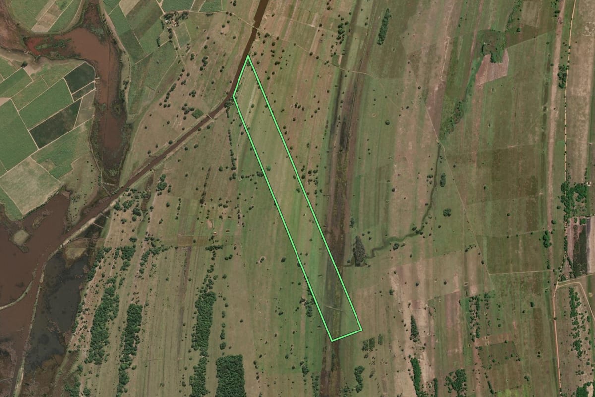 Imagem de satélite do imóvel rural em São Francisco de Itabapoana (RJ), com o contorno declarado no CAR desenhado por cima.