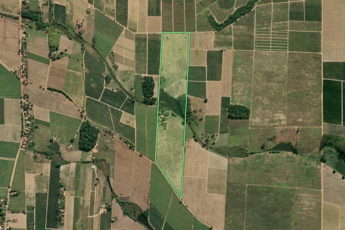 Imagem de satélite do imóvel rural em São Francisco de Itabapoana (RJ), com o contorno declarado no CAR desenhado por cima.