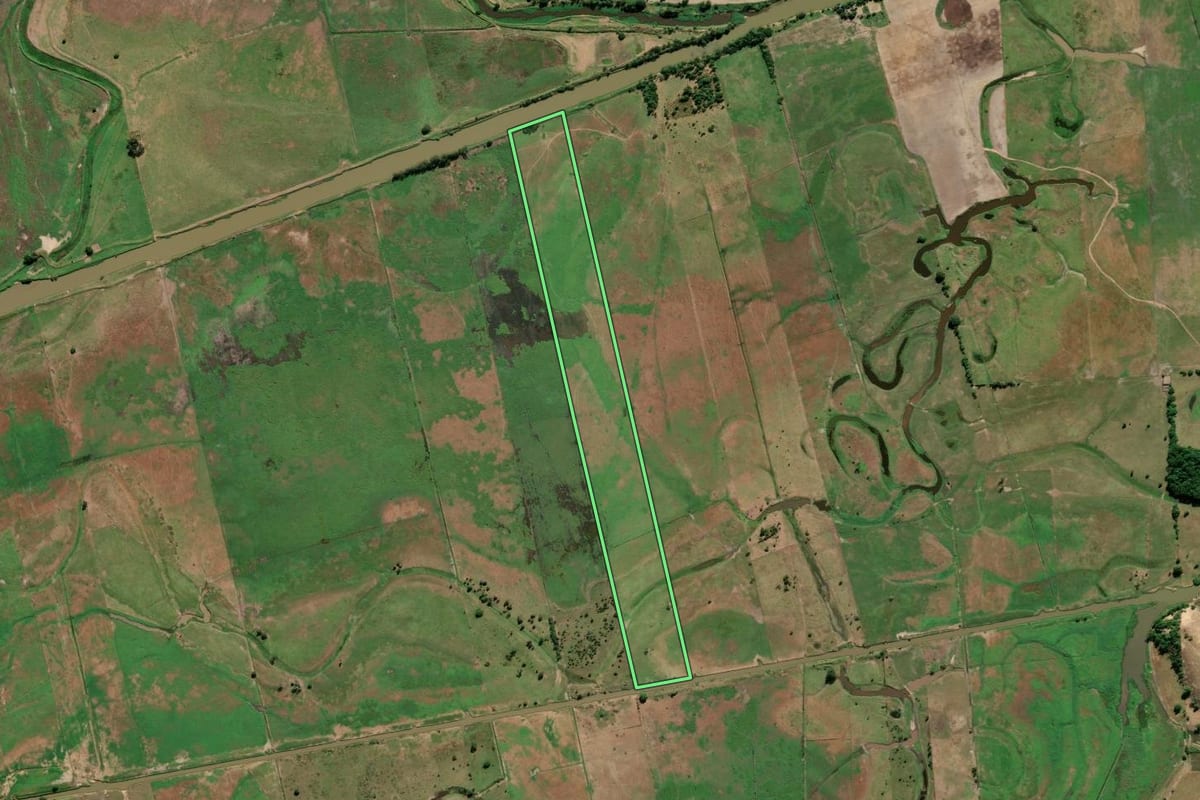 Imagem de satélite do imóvel rural em São Francisco de Itabapoana (RJ), com o contorno declarado no CAR desenhado por cima.