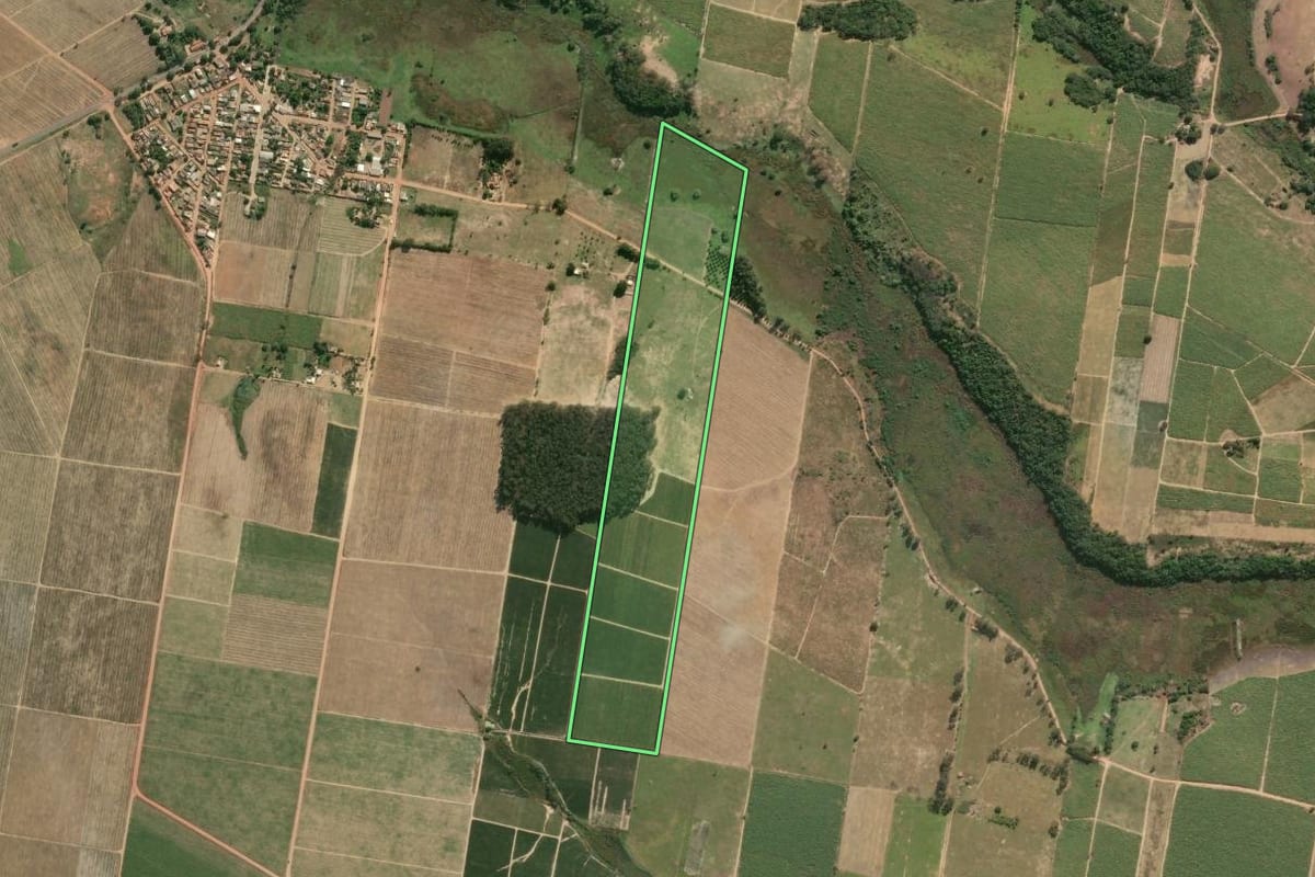 Imagem de satélite do imóvel rural em São Francisco de Itabapoana (RJ), com o contorno declarado no CAR desenhado por cima.