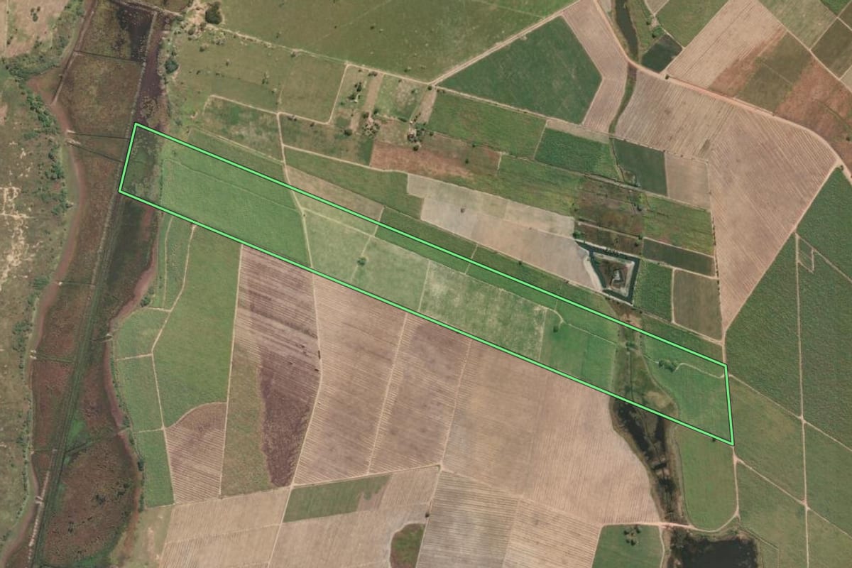 Imagem de satélite do imóvel rural em São Francisco de Itabapoana (RJ), com o contorno declarado no CAR desenhado por cima.