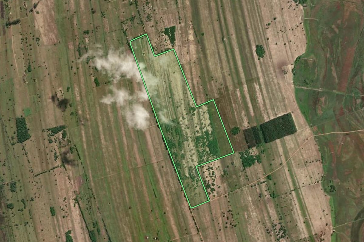 Imagem de satélite do imóvel rural em São Francisco de Itabapoana (RJ), com o contorno declarado no CAR desenhado por cima.
