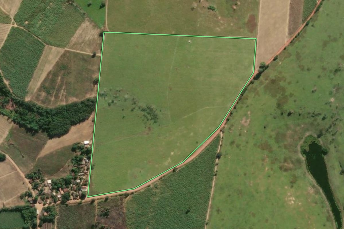 Imagem de satélite do imóvel rural em São Francisco de Itabapoana (RJ), com o contorno declarado no CAR desenhado por cima.