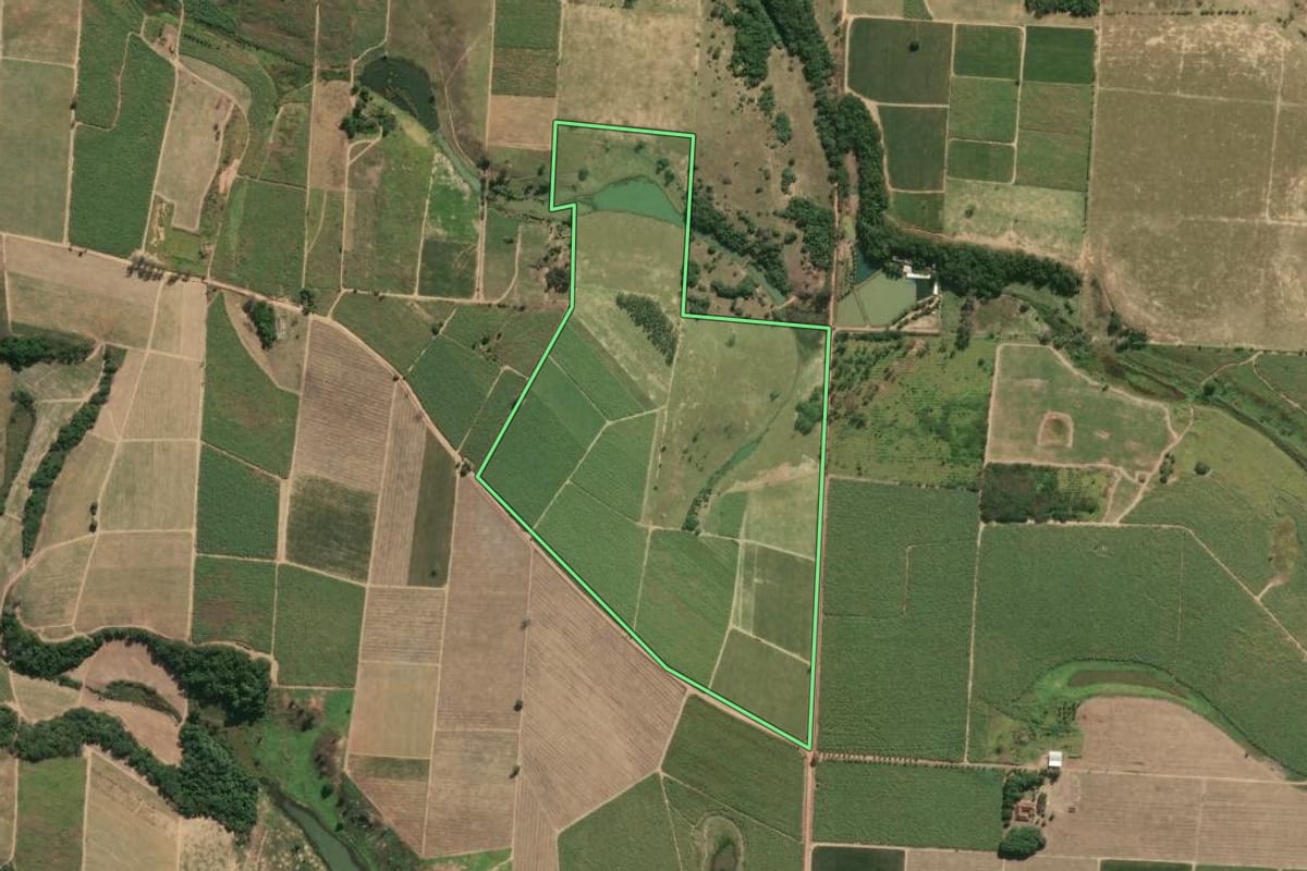 Imagem de satélite do imóvel rural em São Francisco de Itabapoana (RJ), com o contorno declarado no CAR desenhado por cima.