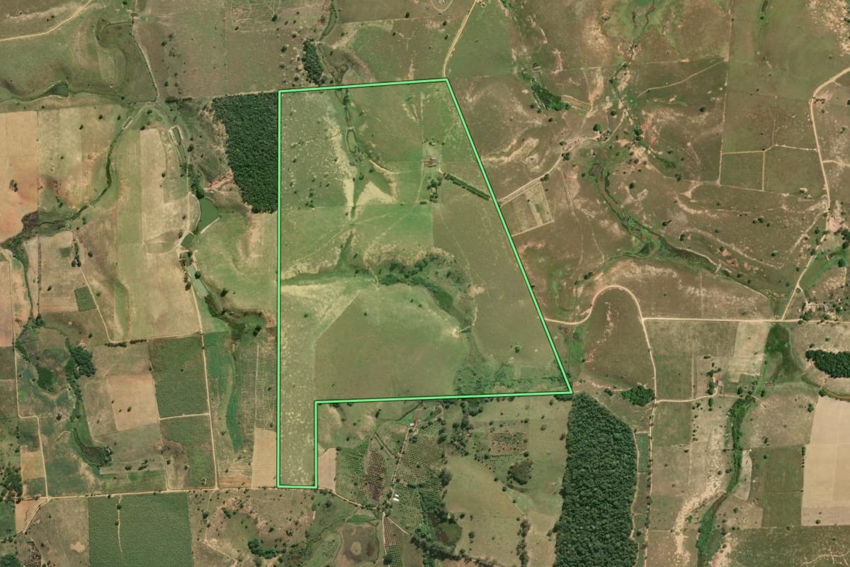 Imagem de satélite do imóvel rural em São Francisco de Itabapoana (RJ), com o contorno declarado no CAR desenhado por cima.