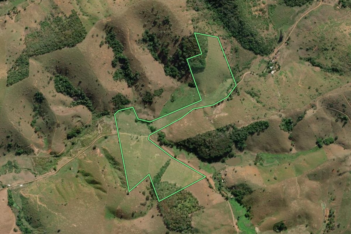 Imagem de satélite do imóvel rural em São Fidélis (RJ), com o contorno declarado no CAR desenhado por cima.