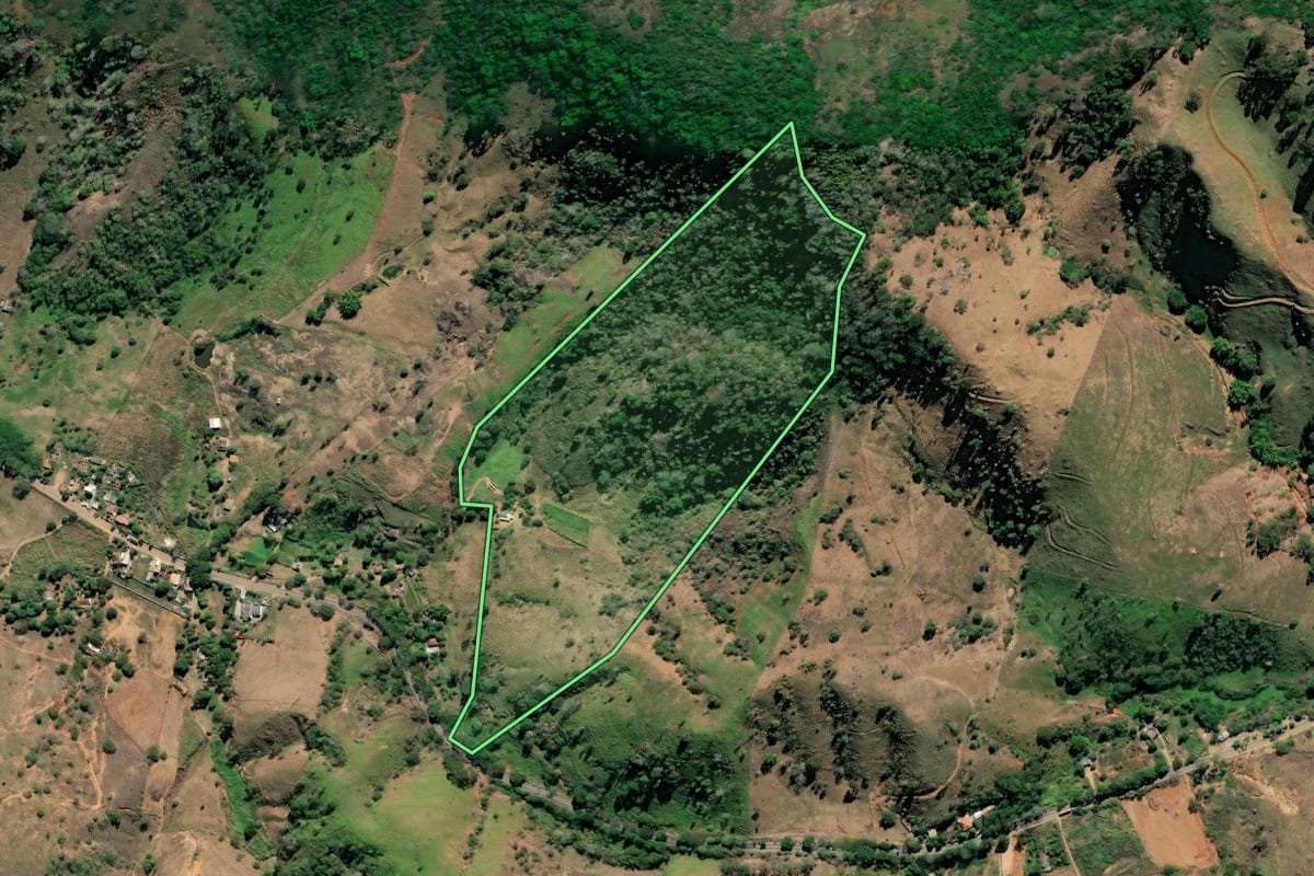 Imagem de satélite do imóvel rural em São Fidélis (RJ), com o contorno declarado no CAR desenhado por cima.