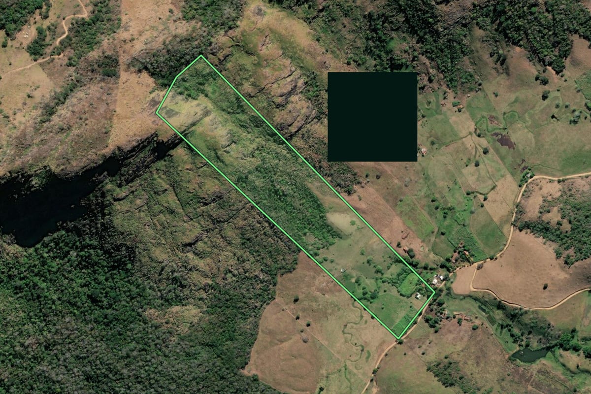 Imagem de satélite do imóvel rural em São Fidélis (RJ), com o contorno declarado no CAR desenhado por cima.