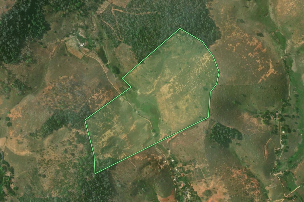 Imagem de satélite do imóvel rural em São Fidélis (RJ), com o contorno declarado no CAR desenhado por cima.