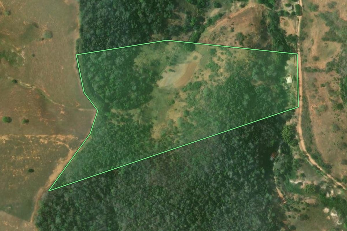 Imagem de satélite do imóvel rural em São Fidélis (RJ), com o contorno declarado no CAR desenhado por cima.