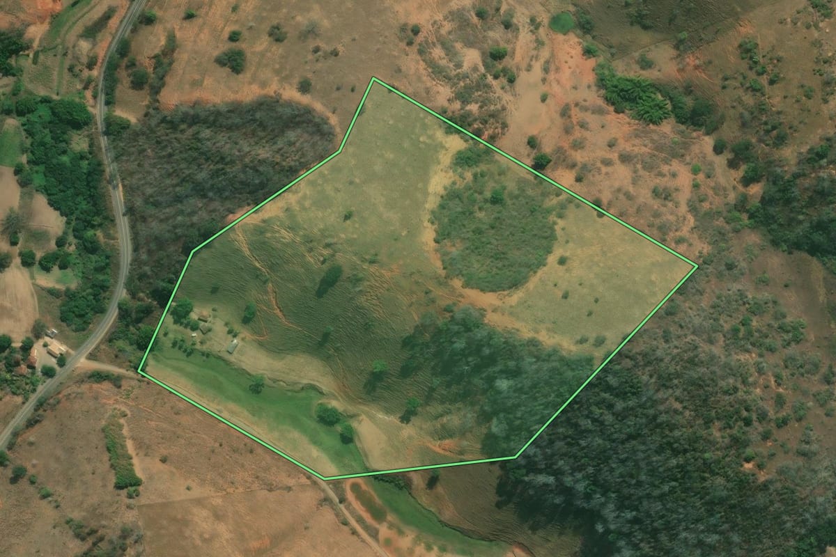 Imagem de satélite do imóvel rural em São Fidélis (RJ), com o contorno declarado no CAR desenhado por cima.