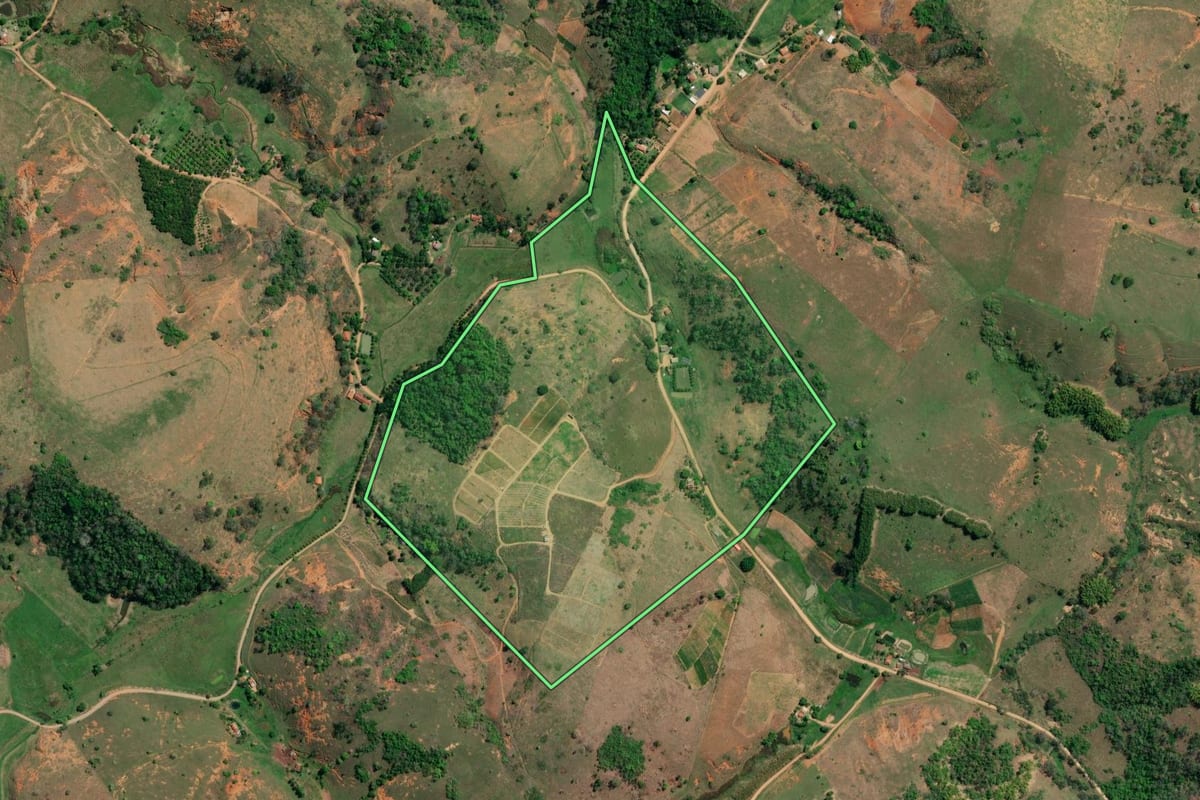 Imagem de satélite do imóvel rural em São Fidélis (RJ), com o contorno declarado no CAR desenhado por cima.