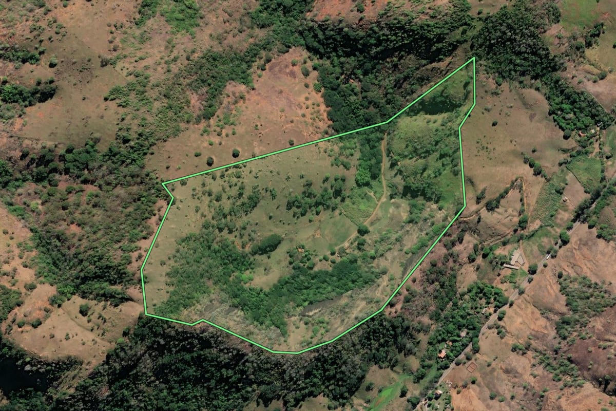 Imagem de satélite do imóvel rural em São Fidélis (RJ), com o contorno declarado no CAR desenhado por cima.