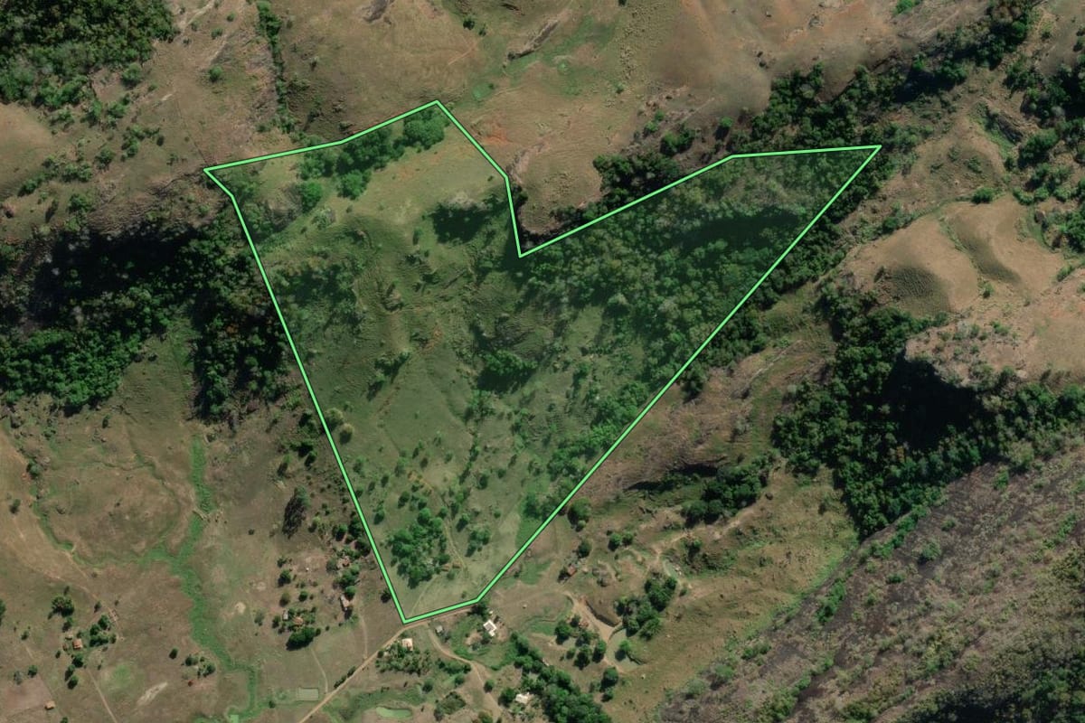 Imagem de satélite do imóvel rural em São Fidélis (RJ), com o contorno declarado no CAR desenhado por cima.