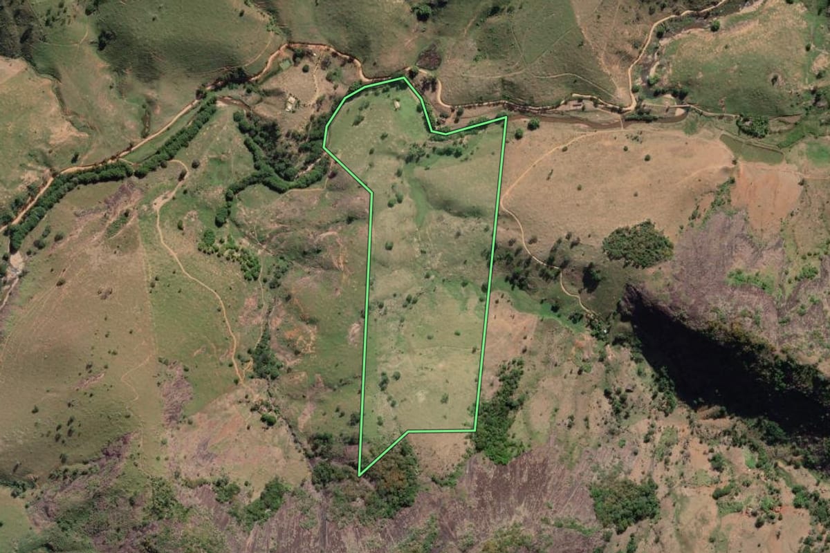Imagem de satélite do imóvel rural em São Fidélis (RJ), com o contorno declarado no CAR desenhado por cima.