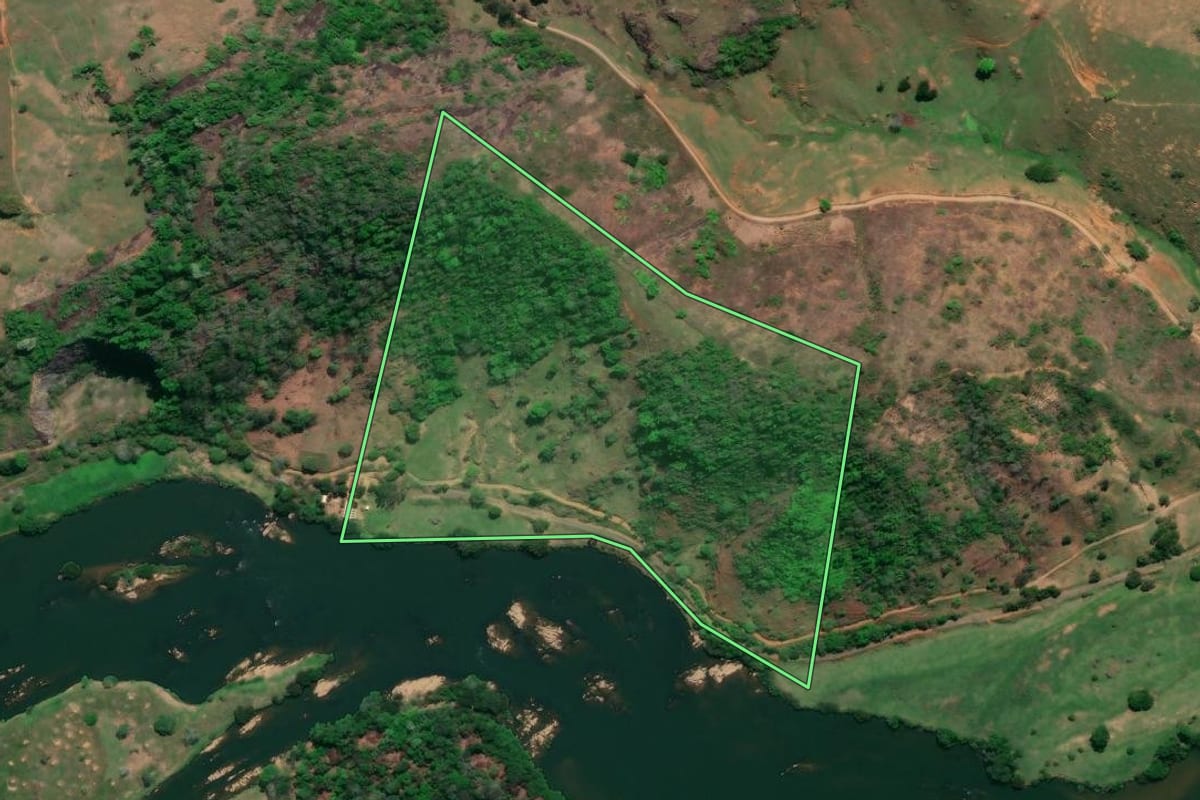 Imagem de satélite do imóvel rural em São Fidélis (RJ), com o contorno declarado no CAR desenhado por cima.