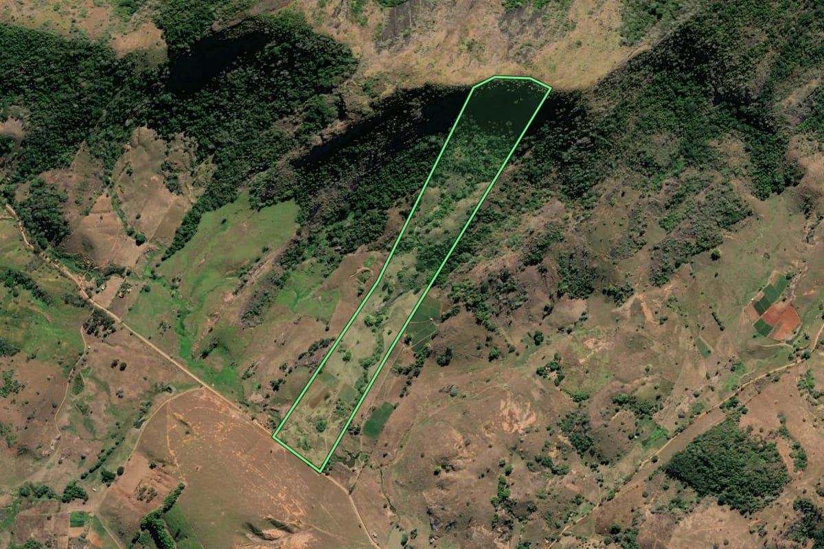 Imagem de satélite do imóvel rural em São Fidélis (RJ), com o contorno declarado no CAR desenhado por cima.