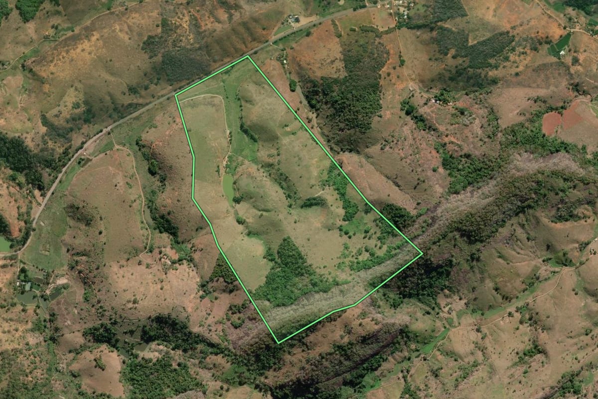 Imagem de satélite do imóvel rural em São Fidélis (RJ), com o contorno declarado no CAR desenhado por cima.