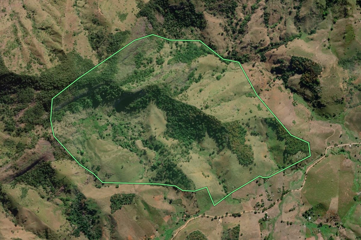 Imagem de satélite do imóvel rural em São Fidélis (RJ), com o contorno declarado no CAR desenhado por cima.