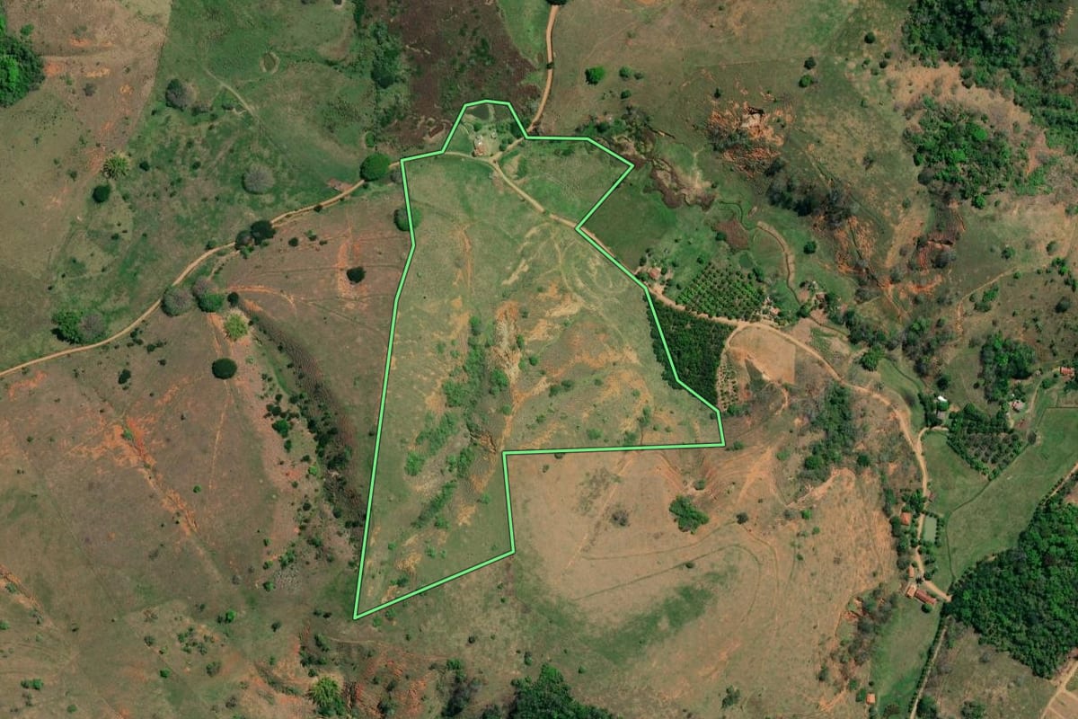 Imagem de satélite do imóvel rural em São Fidélis (RJ), com o contorno declarado no CAR desenhado por cima.