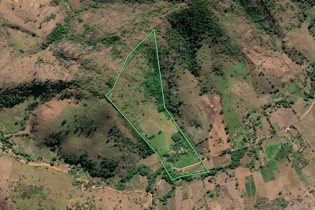 Imagem de satélite do imóvel rural em São Fidélis (RJ), com o contorno declarado no CAR desenhado por cima.