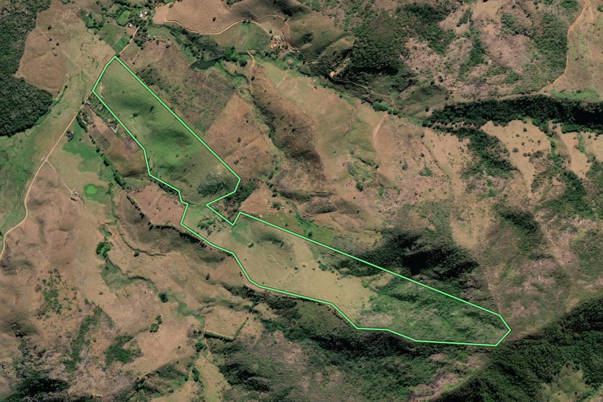 Imagem de satélite do imóvel rural em São Fidélis (RJ), com o contorno declarado no CAR desenhado por cima.